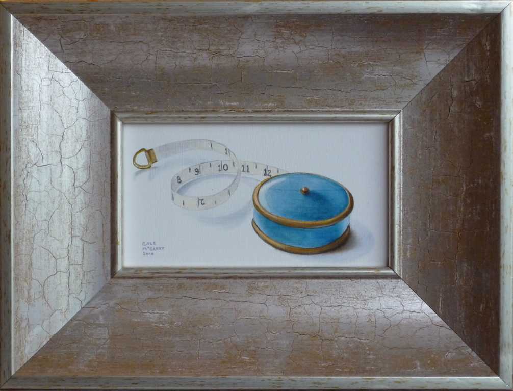 Realist oil painting of victorian tape measure